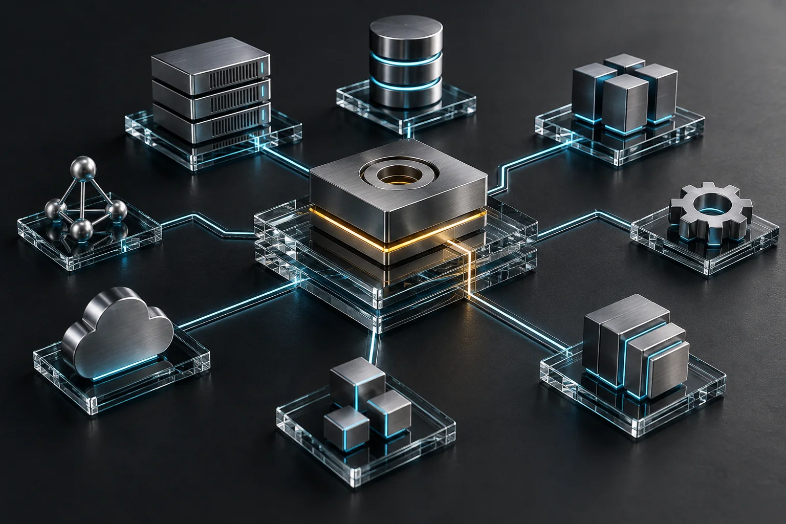 Conceptual glass and metal modules connected by fine cyan pathways