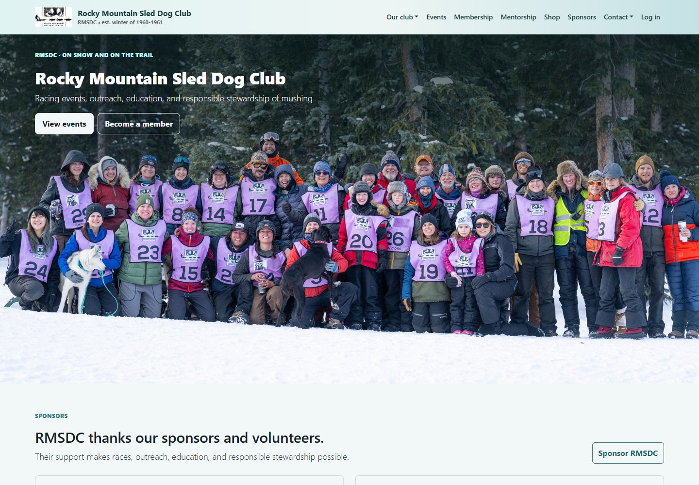 RMSDC website with club navigation, a winter community photograph, and event and membership links